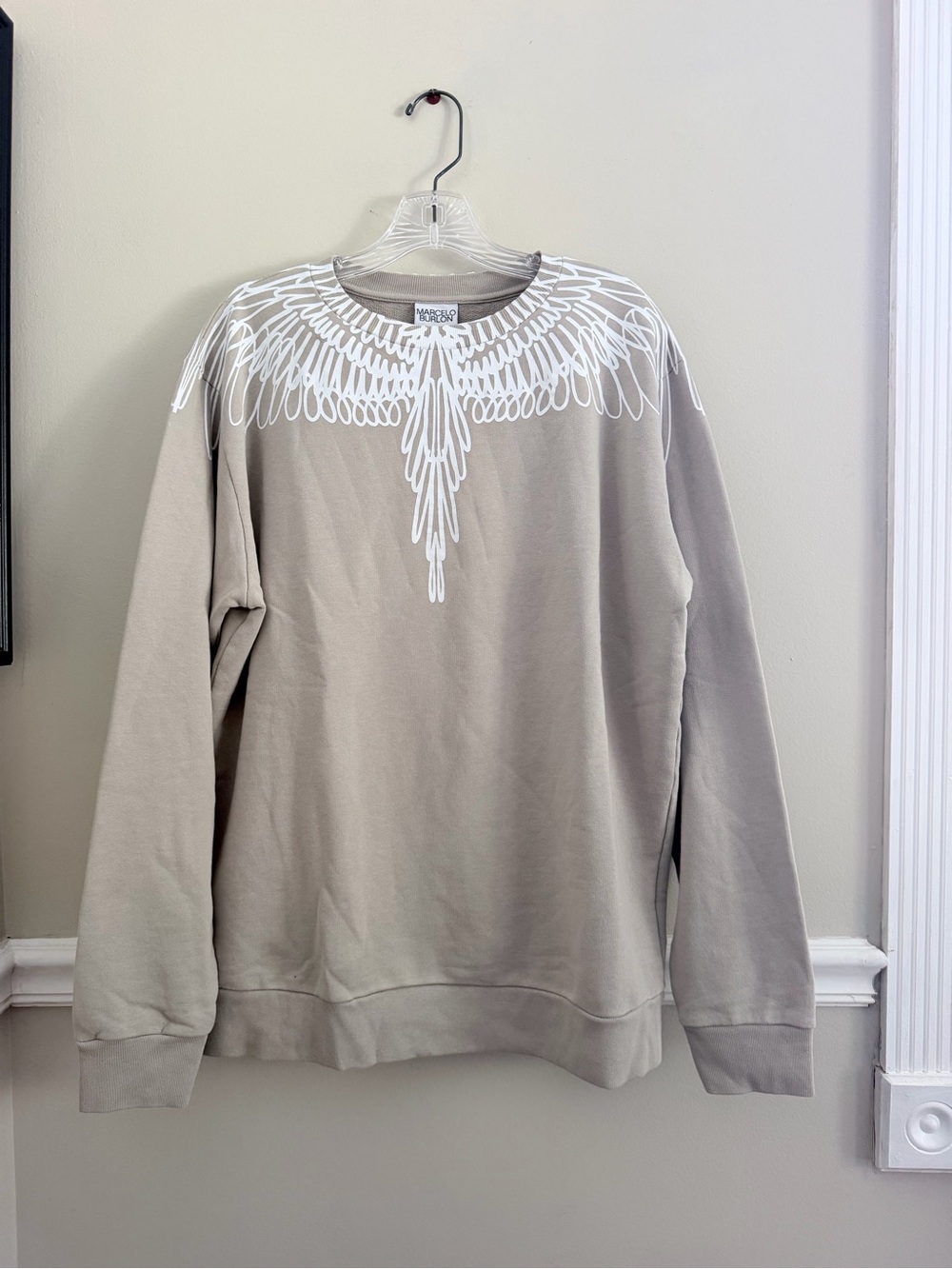 Marcelo Burlon County of Milan Taupe Crewneck with White Wing Graphic